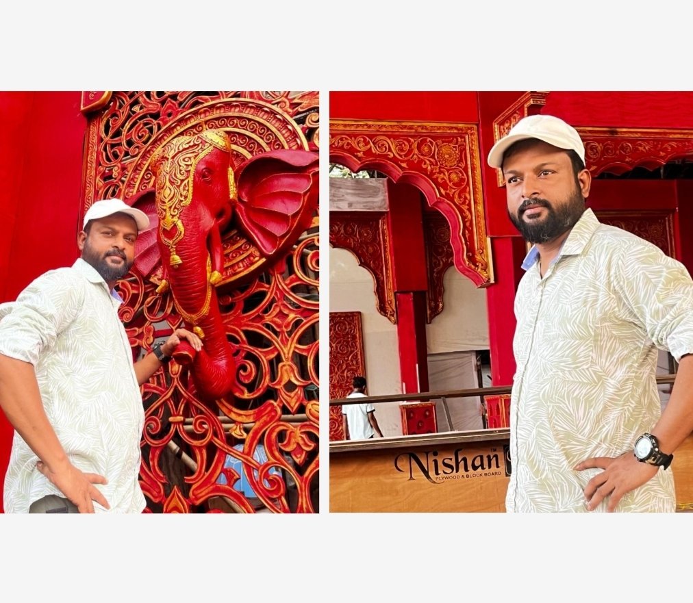 शिवाजी पार्कवरील दुर्गोत्सवातील सभामंडपाचे शिल्प साकारताहेत वाईचे नीलेश चौधरी
