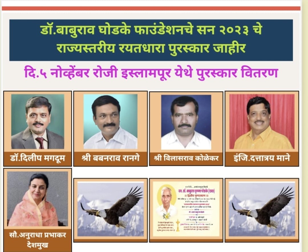 डॉ.बाबुराव घोडके फाऊंडेशनचे सन २०२३ चे राज्यस्तरीय रयतधारा पुरस्कार जाहीर