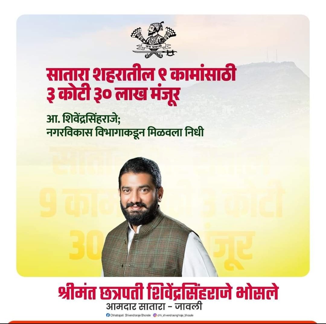 सातारा शहरातील ९ कामांसाठी ३ कोटी ३० लाख मंजूर आ. शिवेंद्रसिंहराजे; नगरविकास विभागाकडून मिळवला निधी